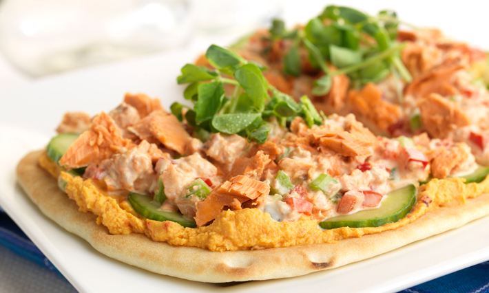 Salmon and Roasted Pepper Hummus on Naan Bread